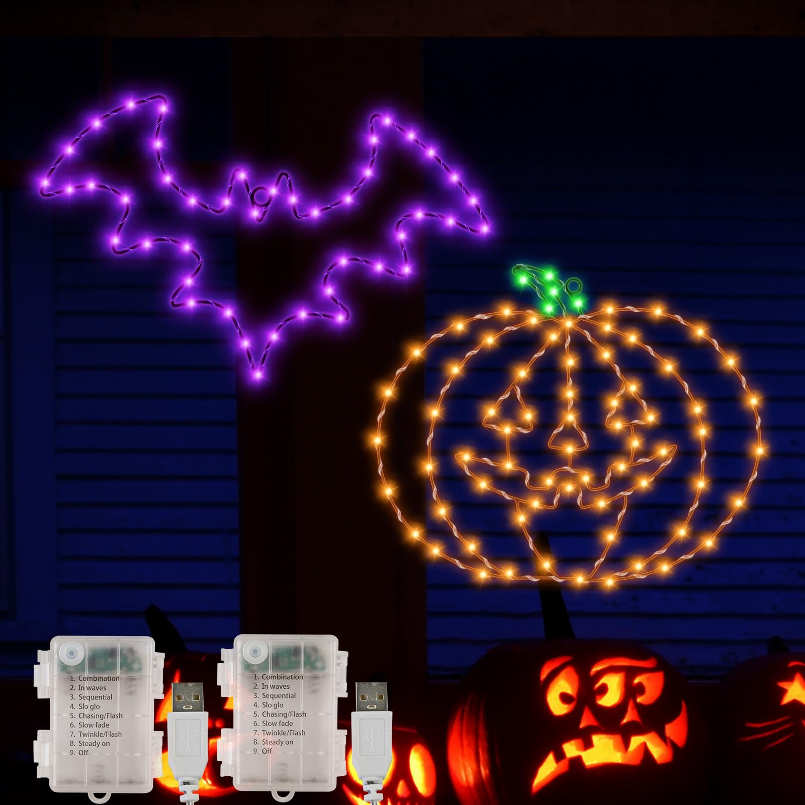 Photo 1 of Halloween Decorations Indoor, Bat Pumpkin Window Lights, 8 Modes Battery Operated Halloween Lights with Timer, Waterproof Window Silhouette Light for Window Door Yard Party Decor