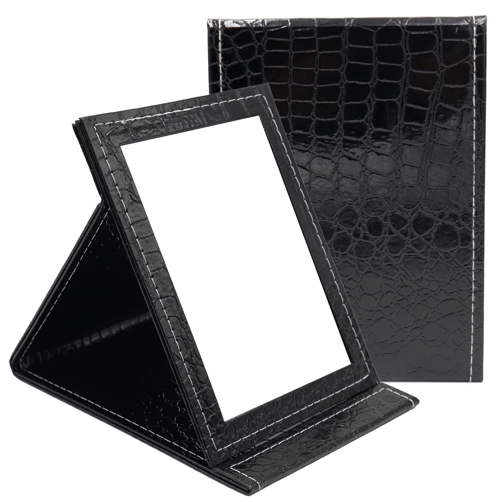 Yuknees Vanity Makeup Mirror, PU Leather Travel Folding Mirror with Stand, Compact for Girls and Women (21 * 15cm / 8.26 * 5.9in, Black)