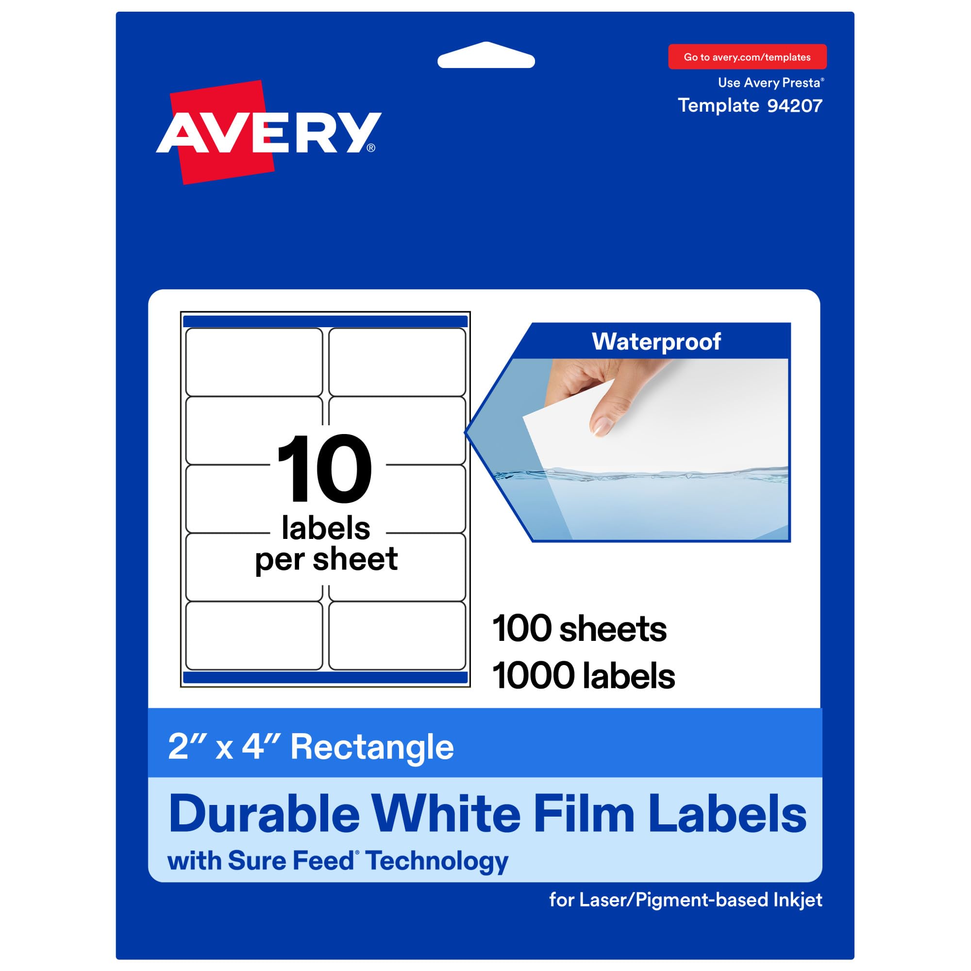 Avery Printable Durable White Rectangle Labels, Sure Feed Technology, 2″ x 4″, Waterproof Labels, Laser & Pigment-Based Inkjet Compatible, 1000 Total, Great for Product Branding, Marketing, and More