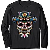 Sugar Skull De Los Muertos Halloween Cowboy Hat Floral Skull Long Sleeve T-Shirt