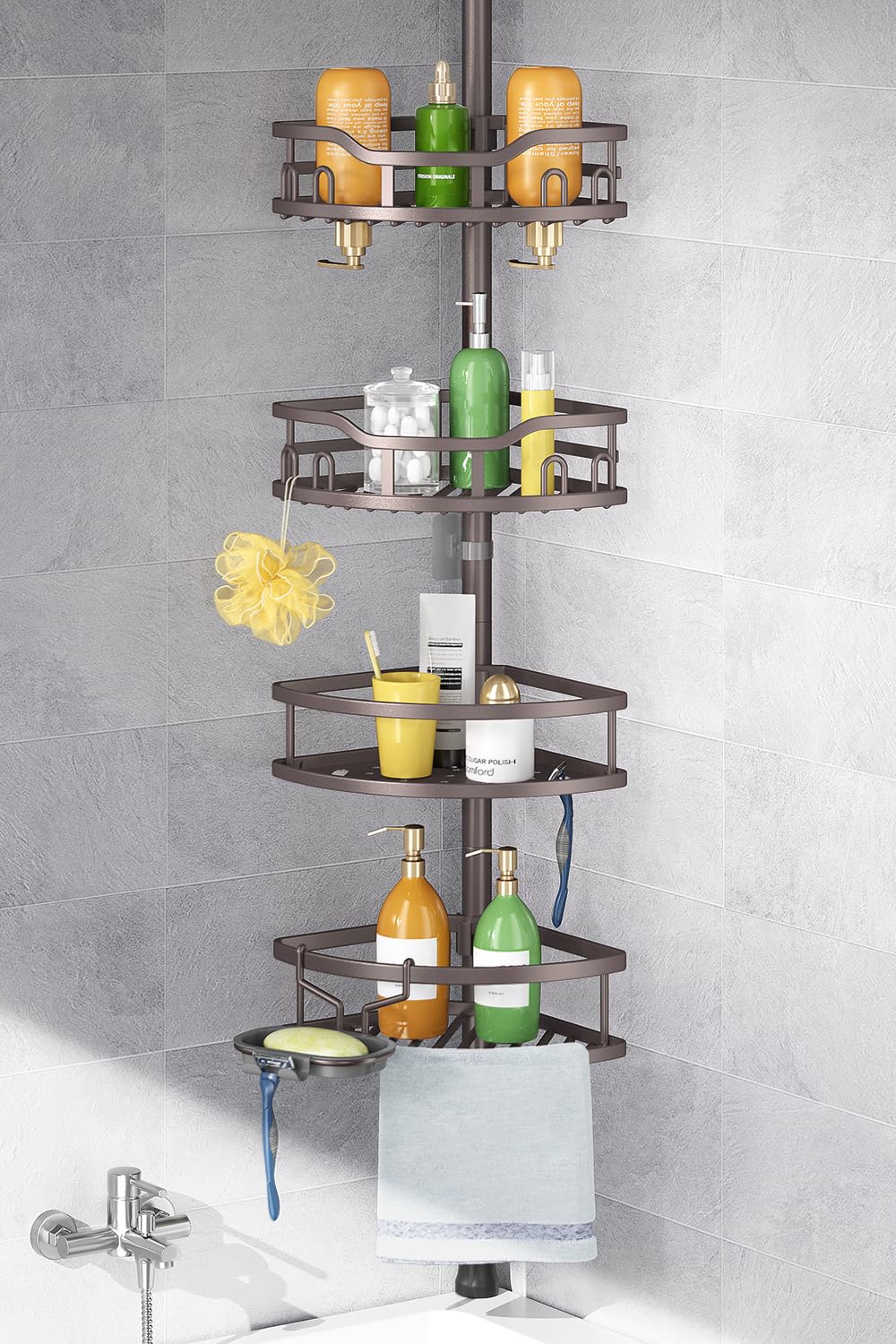 Photo 1 of HAMITOR Corner Shower Caddy Tension Pole: Rustproof Stable 4-Tier Bathroom Organizer Shelves for Bathtub Shampoo Storage - 47-121 Inch Quick Install Adjustable Standing Rack with Soap Rack - Bronze
