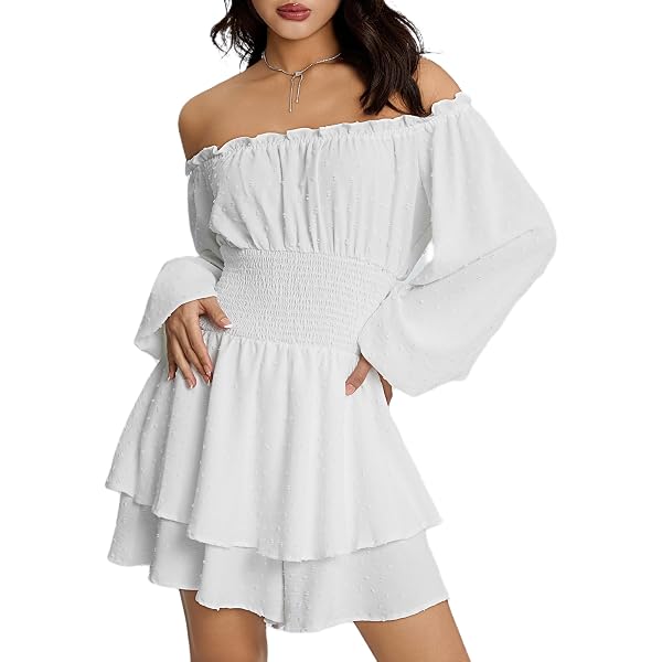 Amazon.com: Kiluex Women Off The Shoulder Long Sleeve Romper Dress Ruffle  Flowy Graduation Short Dress Renaissance Corset Dress (A-a-White, S) :  Clothing, Shoes & Jewelry