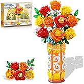 CUBIMANA Flower Bouquet Building Set with Vase & LED Light, Yellow, Orange and Red Roses 3.6MM Mini Building Blocks, Gifts for Women/Girlfriend/Wife, Small Fake Flowers for Home Office Decor
