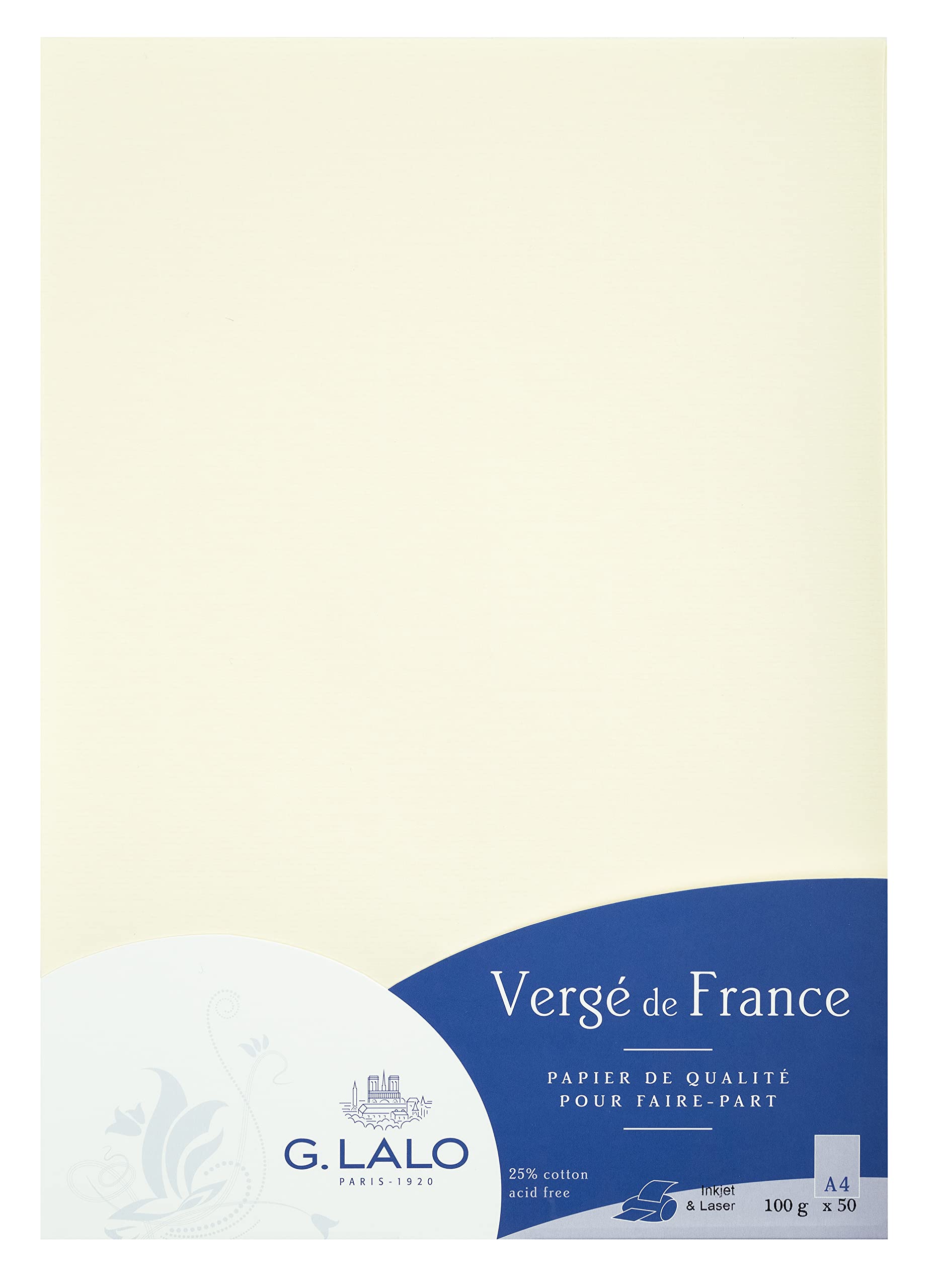 Lalo 47200L - Verge De France. Pack of 50 Sheets. Size: A4 21x29.7 cm 100g, Laid de France, White, Lined, Correspondence, Sheets, Paper Made in France.