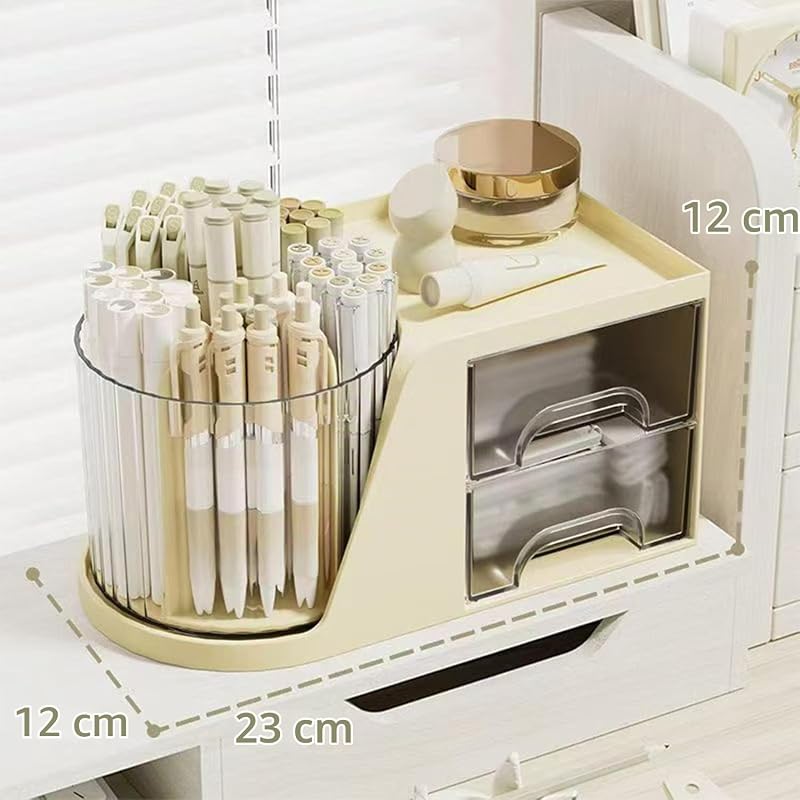 Drehbarer Schreibtischorganisator, Schreibtisch Organizer kinder mit 2 Schublade, 360 Grad stifteköcher für Büro, schulsachen, skincare, schulsachen und Kunstbedarf (Sahne)