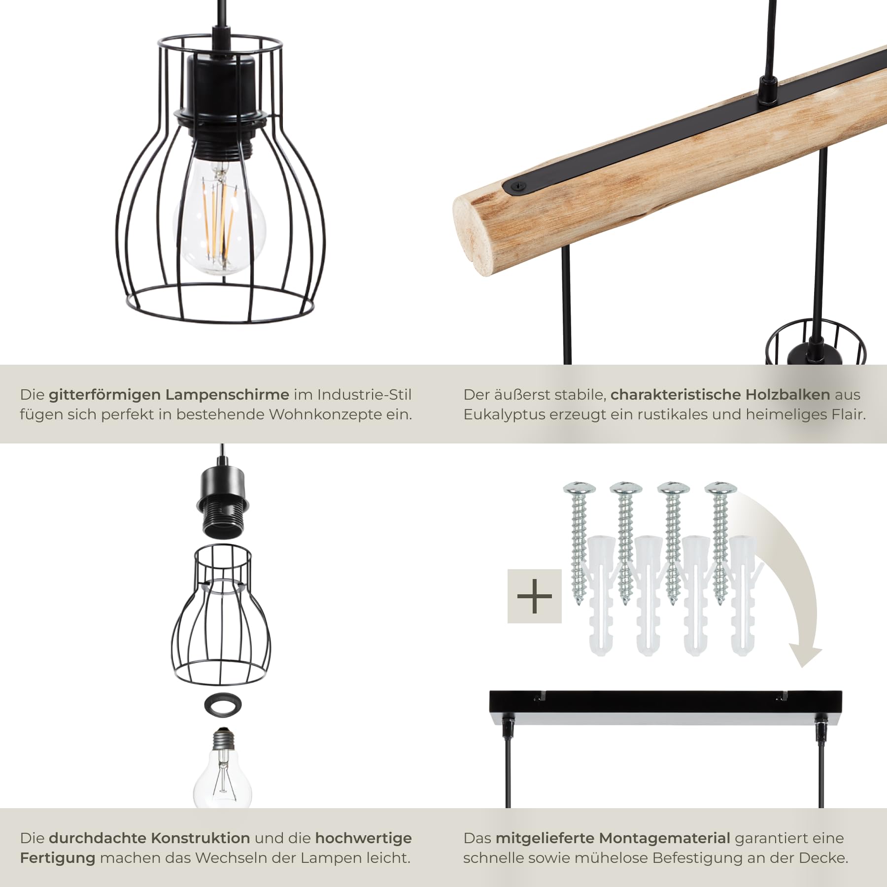 tectake® Pendelleuchte, Lampe hängend 4-flammig, Deckenlampe schwarz mit Holzbalken, Industrial Style Wohnzimmer, Esszimmer Lampe, Wohnzimmerlampe, Flurlampe, Hängelampe Esstisch 4