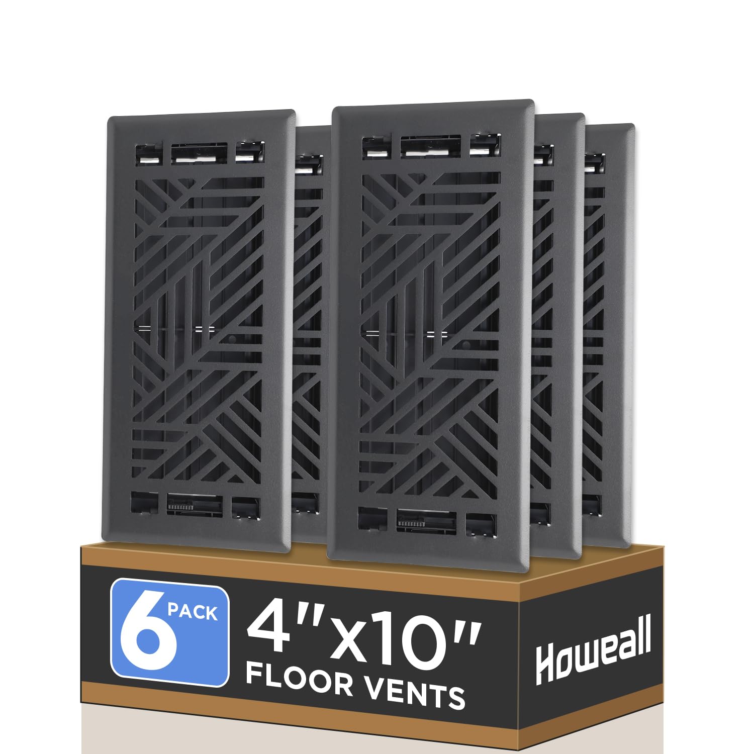 Photo 1 of Howeall 4x10 Inches 6 Pack Heavy Duty Walkable Floor Register Easy Adjust Air Supply Lever Floor Vents - Brooklyn Design - Vent Cover for Home Floor - Matte Black
