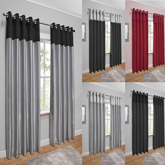 John Aird Crushed Velvet Band Faux Silk Eyelet Curtains (Black/Silver
