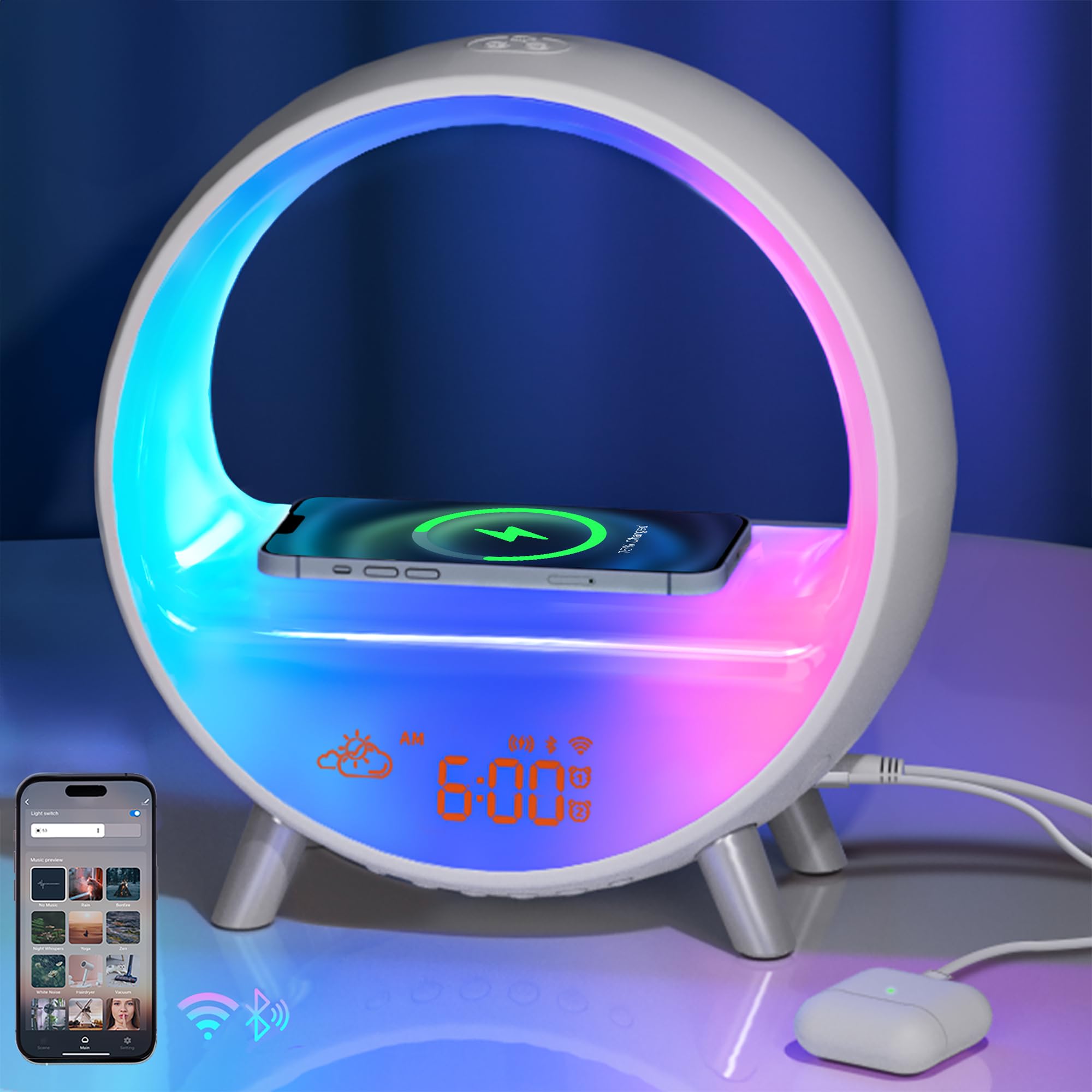 Photo 1 of MOMILLA Smart Sunrise Alarm Clock with Wireless Charging, Wake up Light w/Bluetooth Speaker, Compatible with Airpods/iPhone, APP Control White Noise Sound Machine, Alarm Clocks for Bedrooms Adults