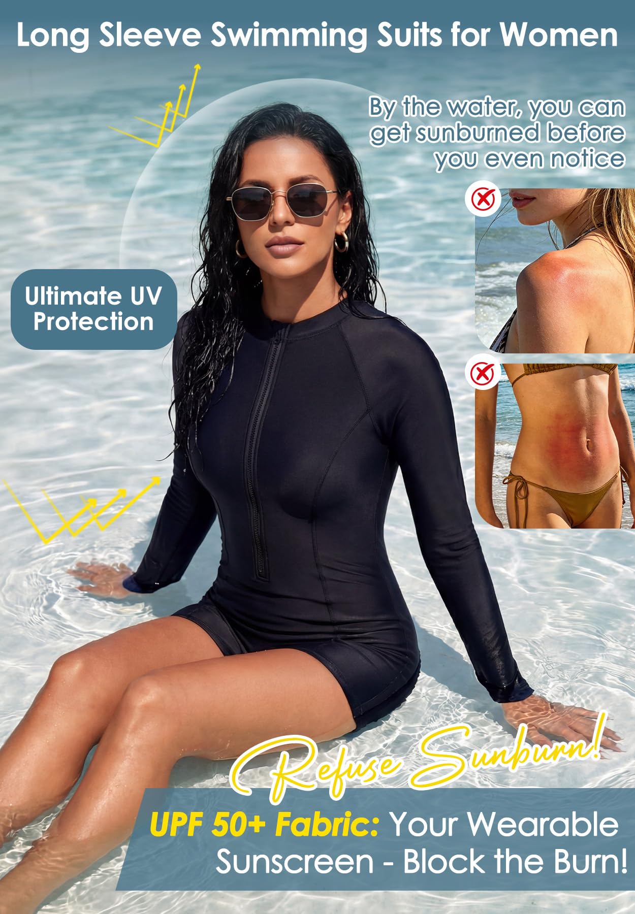 Condition photo showing New/Like New for zando black upf 50+ long sleeve boy shorts one piece swimsuit for women, front zip full coverage ras