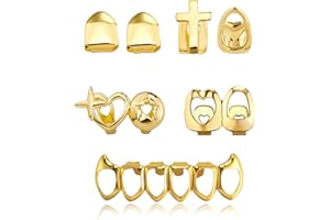 GIFIKOI 7Pcs Golden Grillz Set for Your Teeth Open Face Hip Hop Rapper Teeth Jewelry Single Grill Dental Caps for Top 8/6 Bottom Tooth Grillz