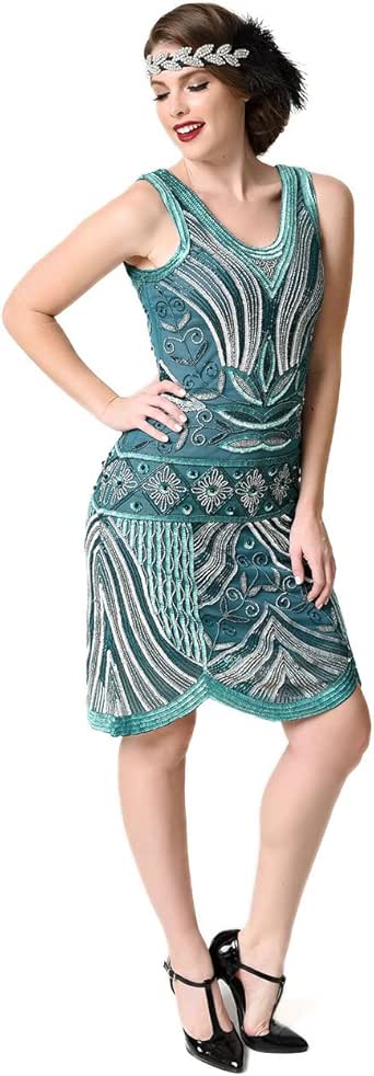 Unique Vintage 1920s Style Teal & Silver Deco Beaded Caspian Flapper Dress at Amazon Womenâs 