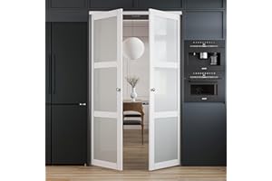 WIN STELLAR French Pivot Door for 48" x 80" Opening, Double Frosted Glass Doors Panels with Pivot Hardware, Swing Doors for Pantry/Laundry/Storage Room, White, Water&Scratch-Resistance Surface, Easy Install