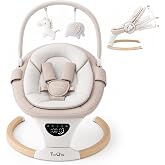 TimChic Baby Swing with Auto-Rocking, 5 Motions &amp; 12 Melodies，Beige | Auto-rocking, 5 speeds, 3 heights, 3 timers &amp; 12 melodies. 5-pt harness, remote, toy bar + 2 toys. Indoor/outdoor.