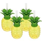 Toddmomy 4pcs Pineapple Cups with Straws,Plastic Pineapple Cups with Close Lids Hawaiian Party Cups Luau Tiki and Beach Party Decorations