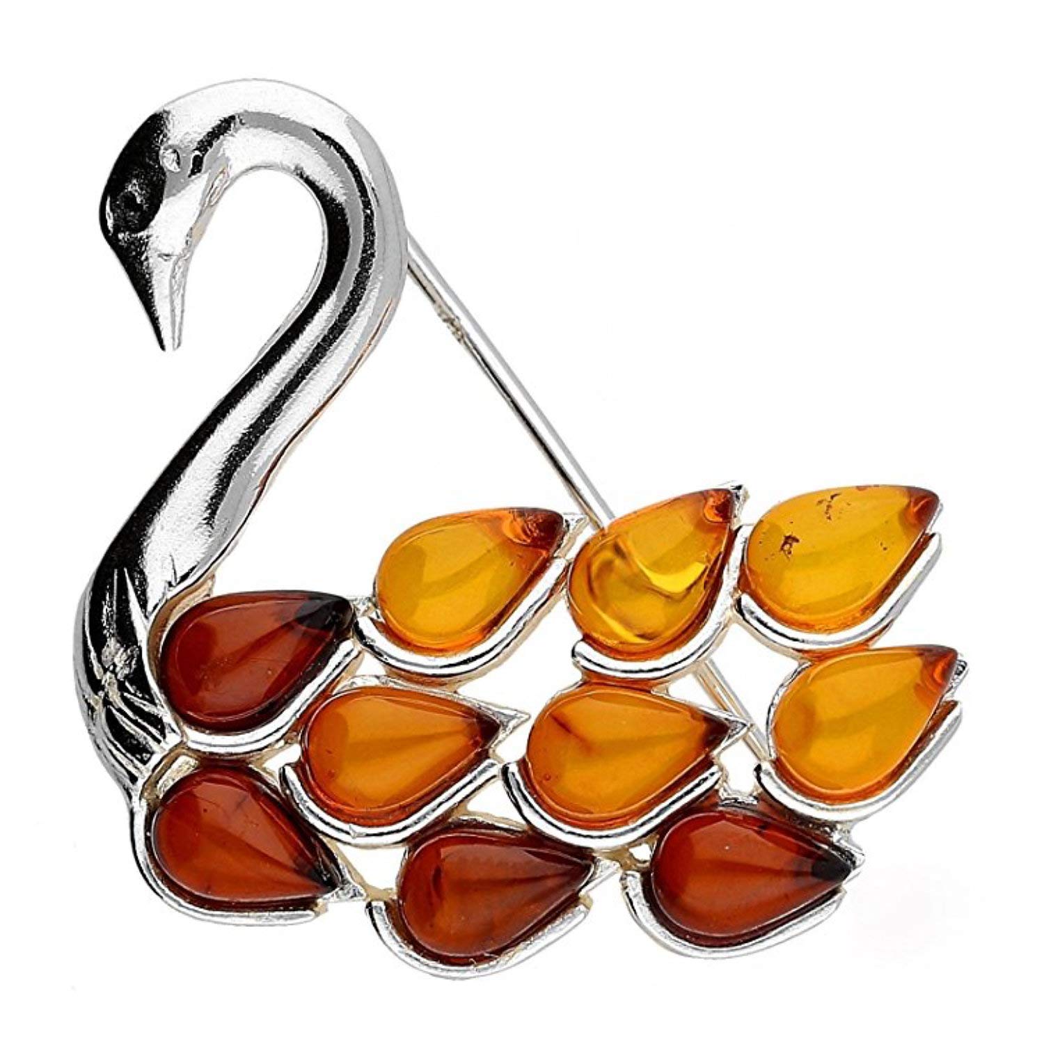 Graceful Swan Silver Brooch Pin/Clip of Orange Amber in Vintage Style for Women - 925 Sterling Silver. 060360 — image 1