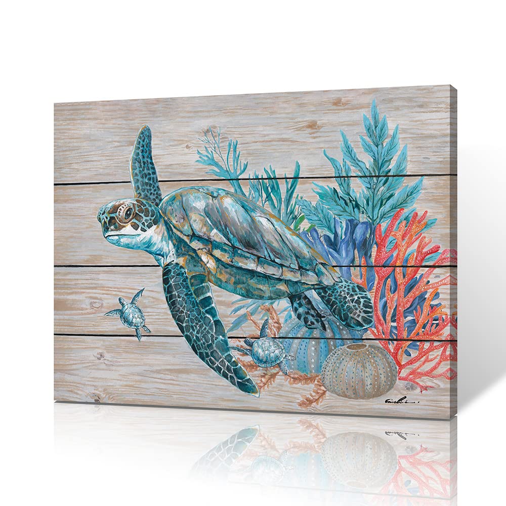 Sea Turtle Bathroom Wall Decor: Teal Coral Canvas Wall Art Sea Turtle Painting Gifts for Turtle Lovers Women Bedroom Office Home Decorations Rustic Swimming Turtle Picture Print Framed 40x30cmx1 Panel
