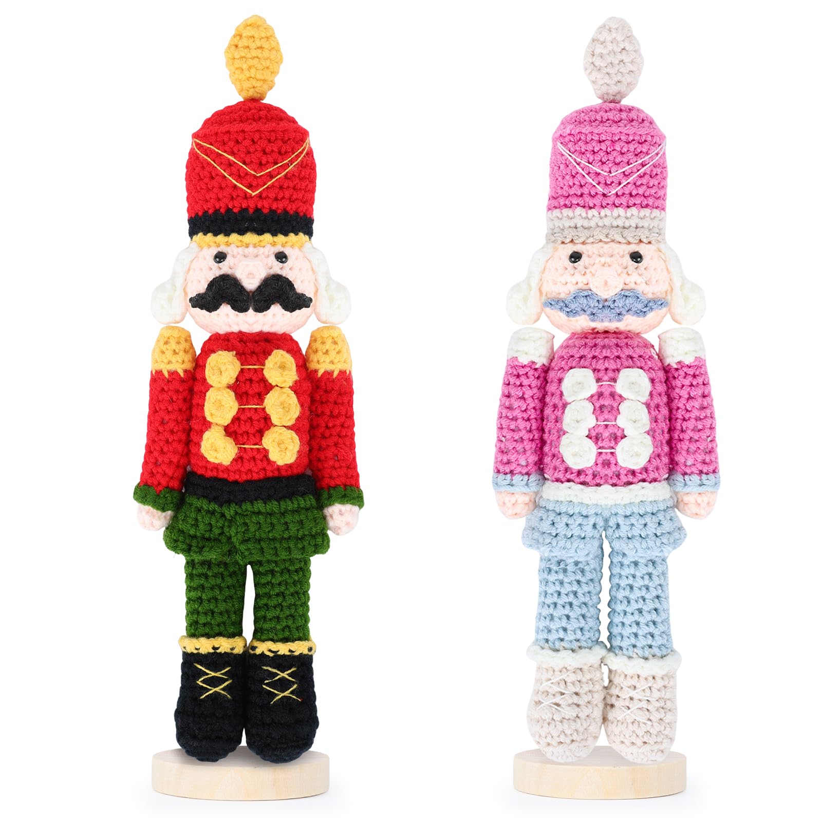 Photo 1 of 2 Pcs Crochet Christmas Nutcracker Characters with Wood Base Christmas Tree Crochet Tabletop Ornaments Xmas Holiday Nutcracker Soldier Figure Table Centerpieces Decoration Knitting Craft Art Supplies