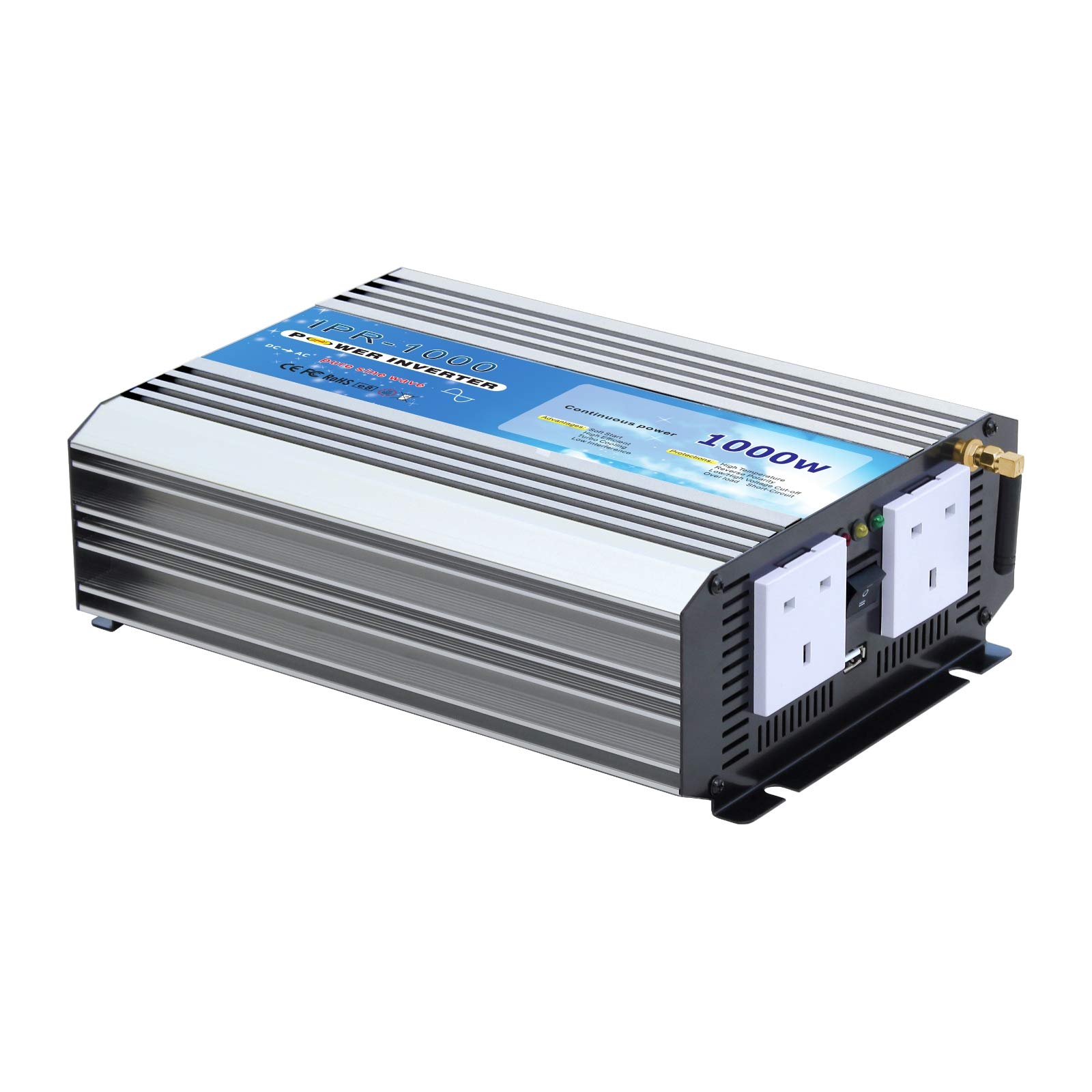 1000W pure sine wave AC power inverter 12V battery to 240V mains electricity (peak power 2000W) with wireless On/Off remote control