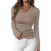 PRETTYGARDEN V Neck Cable Knit Sweaters for Women 2025 Long Sleeve Ribbed Fitted Pullover Tops Business Casual Fall Outfits