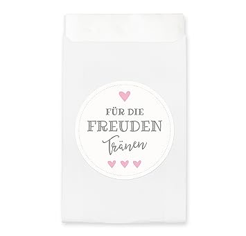 100 weiße Freudentränen Tüten & Sticker (grau/rosa) | Aufkleber und Mini Papiertüten | Geschenk-Verpackung für Hochzeit Tasch