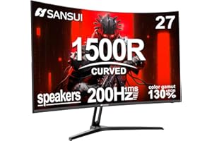 SANSUI 27 Inch Curved Gaming Monitor 200Hz 1ms with Speakers FHD 1080P Computer Monitor FreeSync|1500R|130% sRGB|HDR|Low Blue Light|HDMI DP Ports|VESA Mount|Metal Stand(HDMI Cable Incl.)