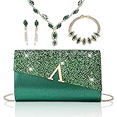 YYW 4 Pieces Women Evening Handbags Clutch Purse Bag with Rhinestone Crystal Jewelry Set for Wedding Party