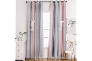 UNISTAR 2 Panels Star Blackout Curtains for Kids Girls Bedroom Living Room Colorful Double Layer Cut Out Stripe Pink and Grey Rainbow Window Home Decoration Curtain W42 x L84 Inches Long