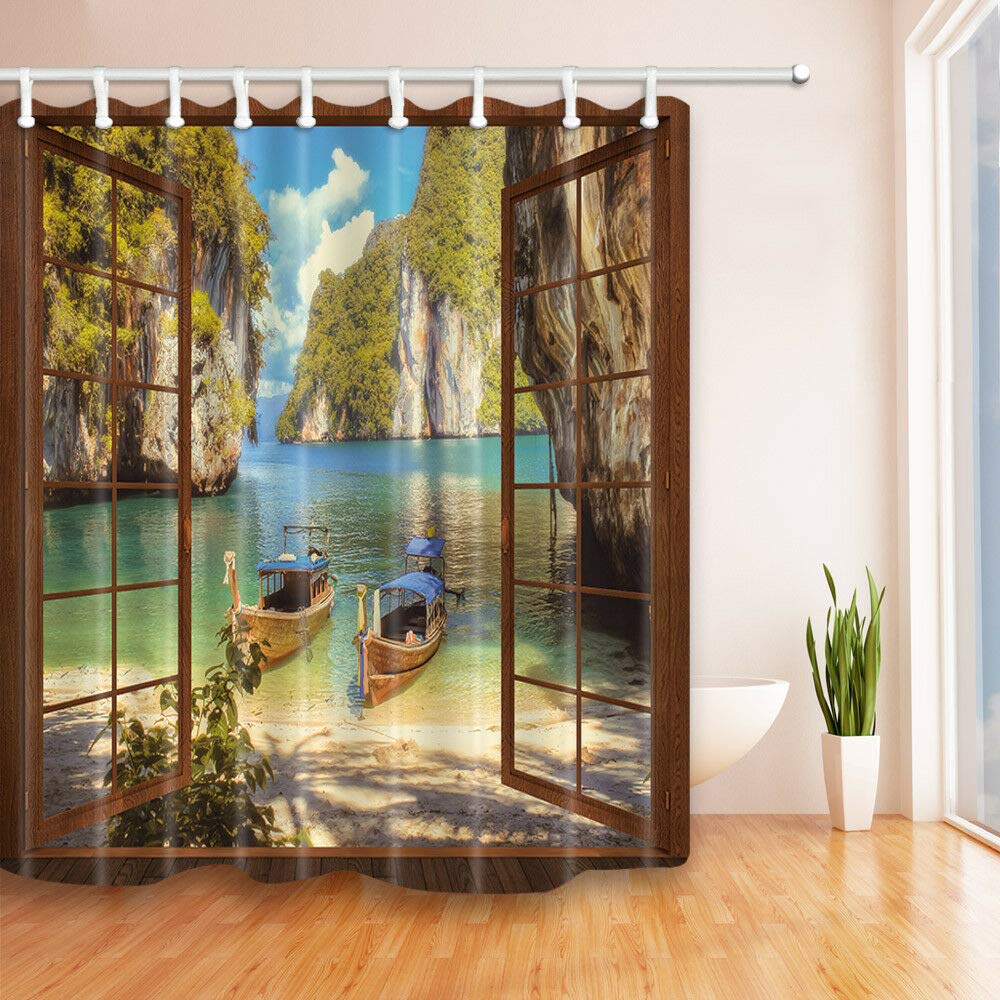 FANG2018 Beautiful bathroom shower curtain seen through the window Durable Fabric Mildew Bathroom Accessories Creative with 12 Hooks 180X180CM