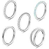 Jstyle 5Pcs 18G 16G Surgical Steel Nose Rings Hoop for Women Opal CZ Clicker Hinged Septum Nose Ring Lip Helix Cartilage Hoop Earring Daith Rook Conch Piercing Jewelry for Women 8mm 10mm