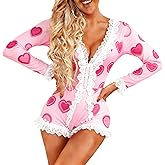 Piacakece Women Lace Trim Hearts Print Valentines Day Romper Long Sleeve V Neck One-Piece Shorts Jumpsuit Sleepwear