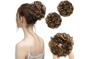 SARLA 2PCS Messy Hair Bun Hair Pieces Wavy Curly Synthetic Updo Fake Scrunchies Ponytail Extension for Women Dark Brown/Beach Blonde Highlight