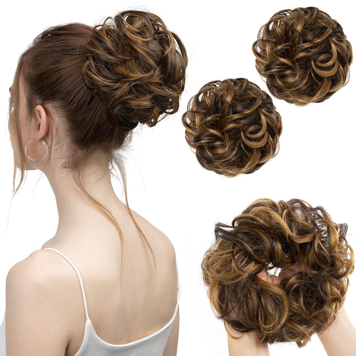 SARLA 2PCS Messy Bun Hair Pieces for Womens Synthetic Scrunchies Buns Extension Hairpieces Updo Pony Tail Dark Brown/Golden Blonde — image 1