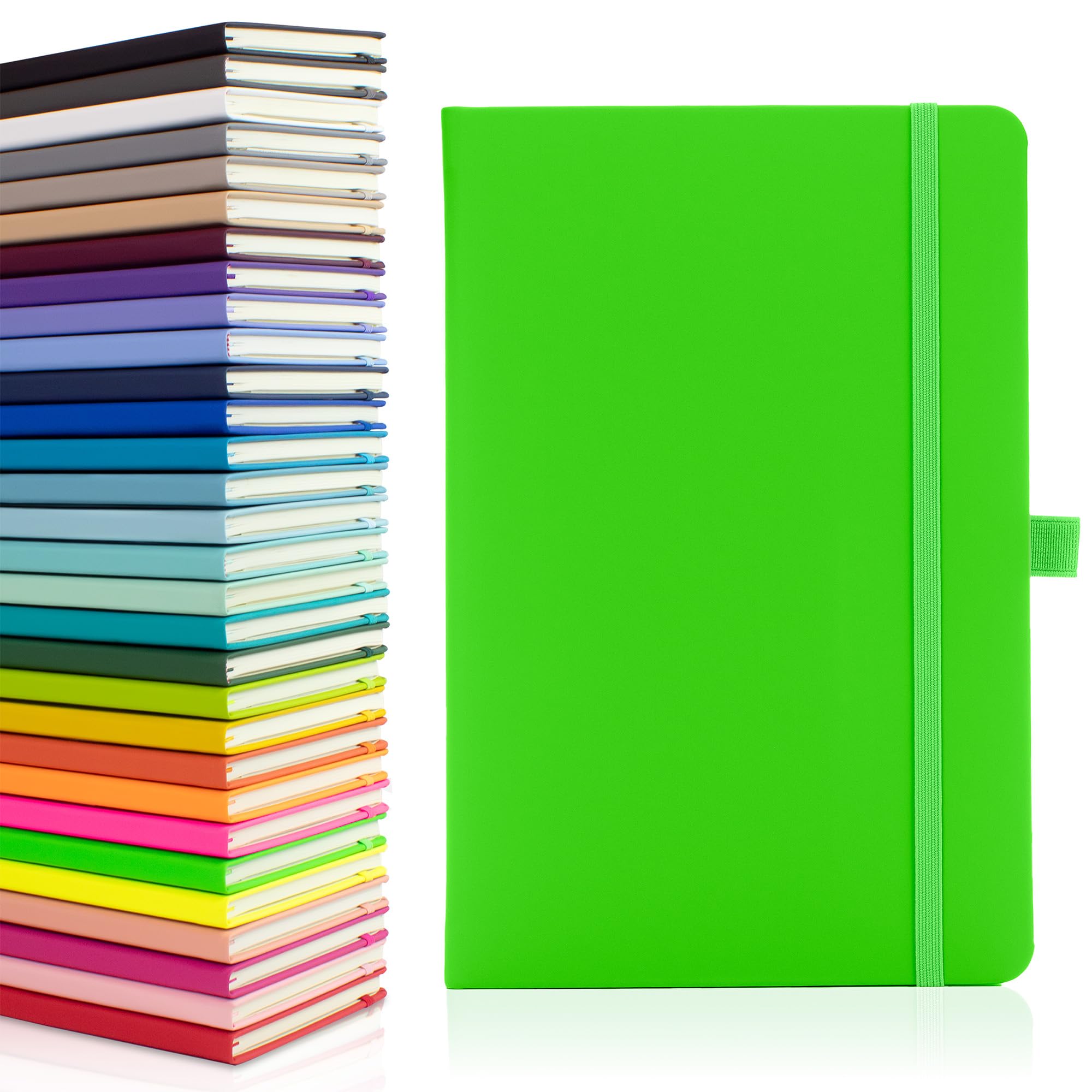 Notes London Eco A5 Notebook with Lined Pages, Pen Loop, Ribbon, Date Marks and Paper Pocket, Medium Hardback Journal, Note, fluorescent, sustainably sourced paper (Neon Green)