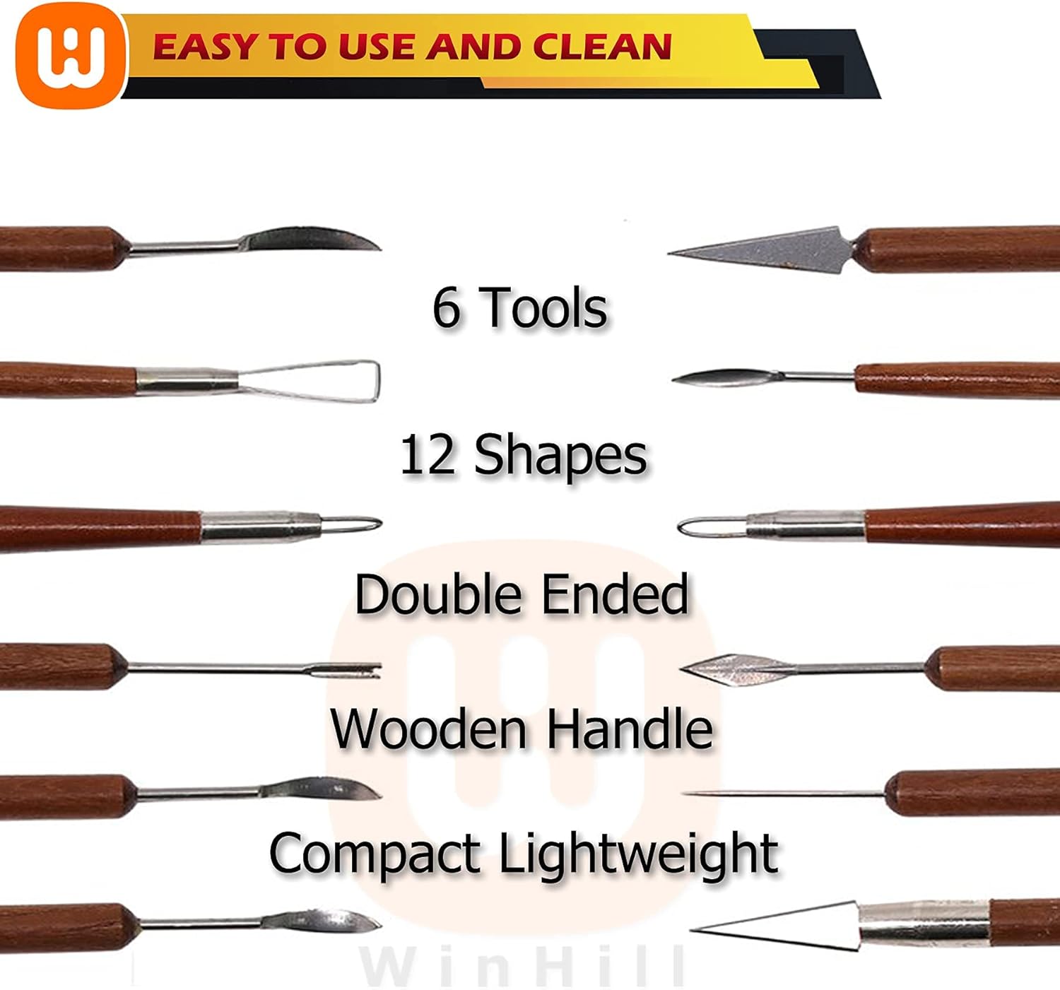 Clay Pottery Tools, 6- Piece Sculpting Modeling Tool Kit Double-Sided, Sculpture Carving Set with Wooden Handles for Ceramics Making Molding and Smoothing