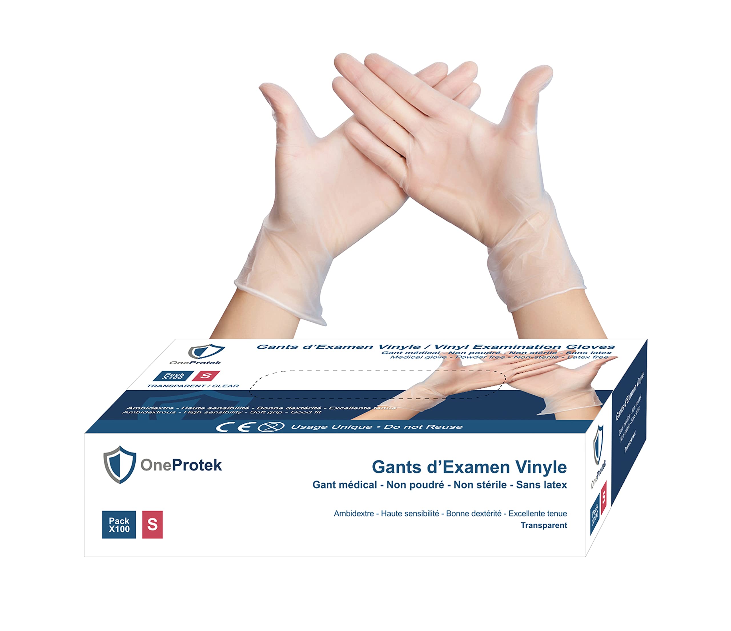 OneProtek Vinyl Gloves Pack of 100 Powder- and Latex- Transparent Multi-Purpose and Resistant Size S
