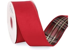 Ribbli Red Velvet Wired Ribbon with Metallic Plaid Reversible 2.5 Inch Christmas Ribbon for Gift Wrapping Christmas Tree Decoration Crafts Wreaths Supplies-Continuous 10 Yards