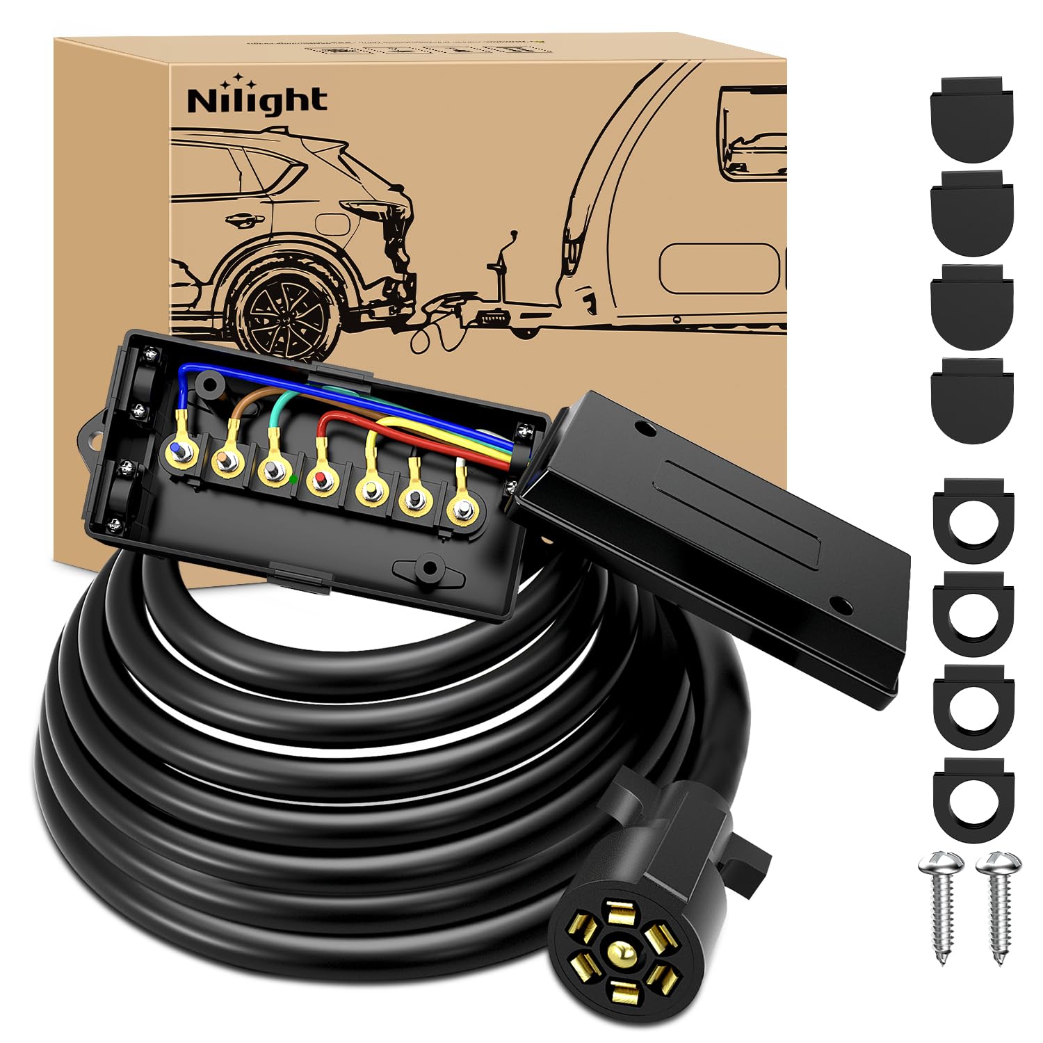 Nilight Heavy Duty 7 Way Inline Trailer Plug with 7 Gang Weatherproof Junction Box - 16 Feet Connector Cable Wiring Extension Harness Suitable for RV Automotives Cars Image