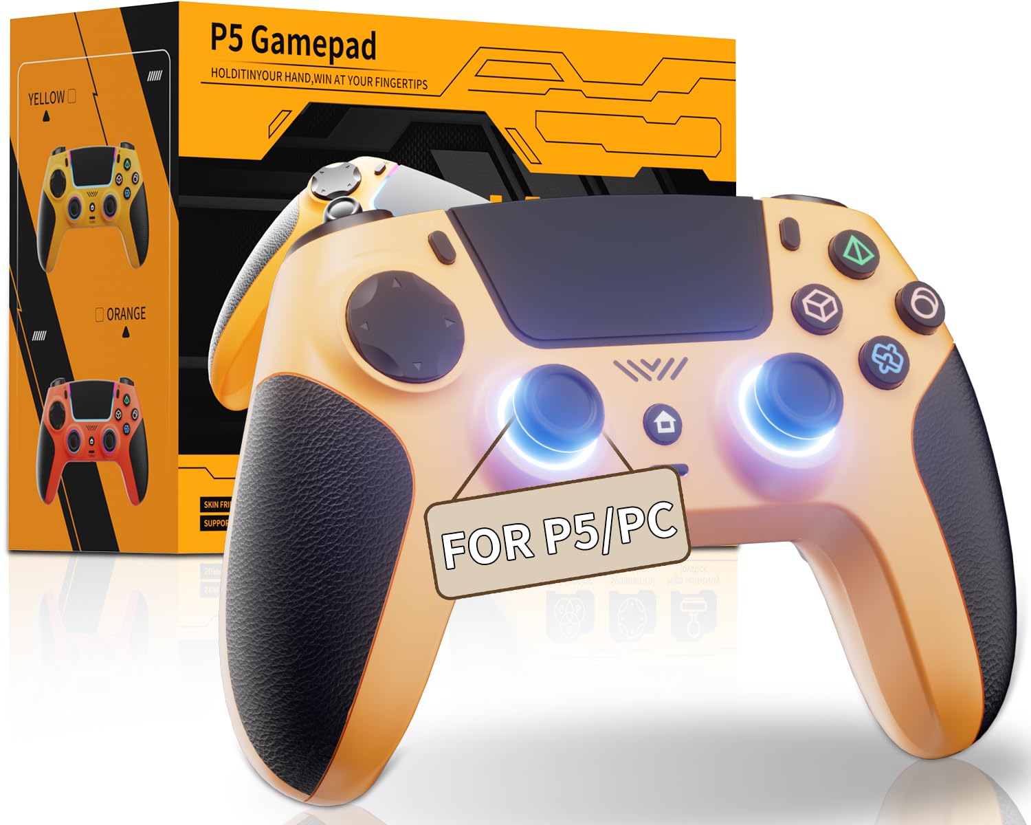 CAWOOSOO Yellow Wireless Controller Compatible for PS5/Pro/Slim/PC, Gradient Color RGB mode & haptic feedback & 1000 mAH battery & 3.5mm Audio Jack & Speaker