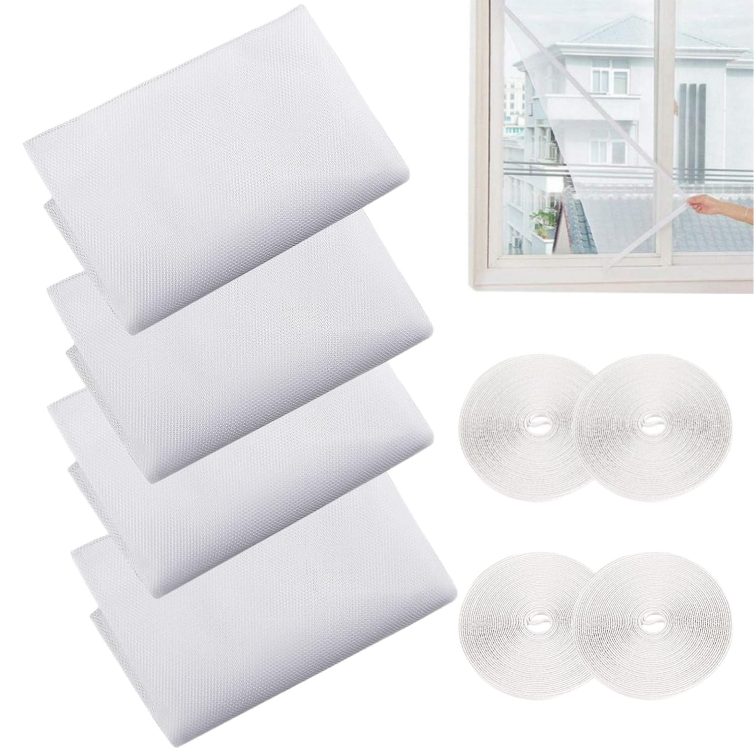 Mosquito Net for Windows, New Upgrade 4 Fly Screens Window Mesh 1.3 mx1.5 m 1.5 m x 2 m Insect Netting Bug Bee Mosquito Protector with 4 Tapes, White