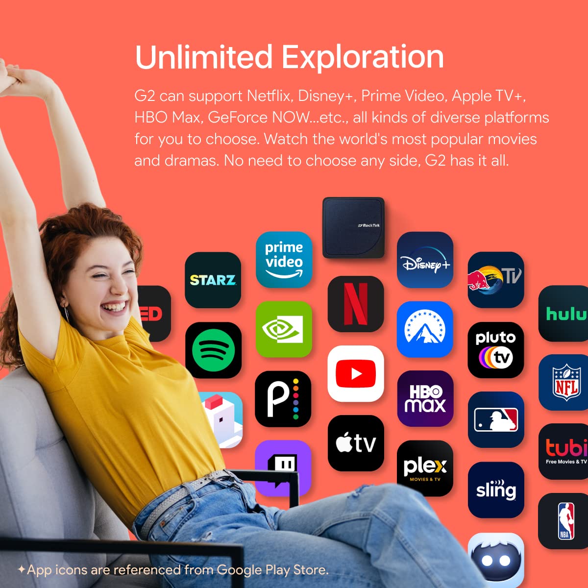 RockTek G2 Premium Google TV 4K UHD Streaming Player, HDR10+ Dolby Vision Atmos, Voice Remote, Netflix, Prime Video, Disney+, Max, Hulu, Apple TV+, Live TV, GeForce Now Cloud Gaming, Chromecast