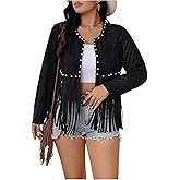 SHENHE Women's Plus Size Faux Suede Fringe Jacket Open Front Long Sleeve Studded Tassel Cardigan Jacket Western Outfits