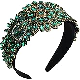 Baroque Crystal Flower Headband for Women Big Wide Chunky Rhinestone Bead Hairband Hairwear Jeweled Head Accessories (H1065-green)