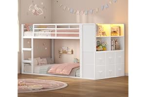 BTHFST Bunk Bed Twin Over Twin with 6 Large Fabric Drawers & 4 Wooden Storage Bookshelf Organizer, Metal Low Bunk Bed for Kids with LED Lights & Safety Ladder and Guardrail, Space Saving