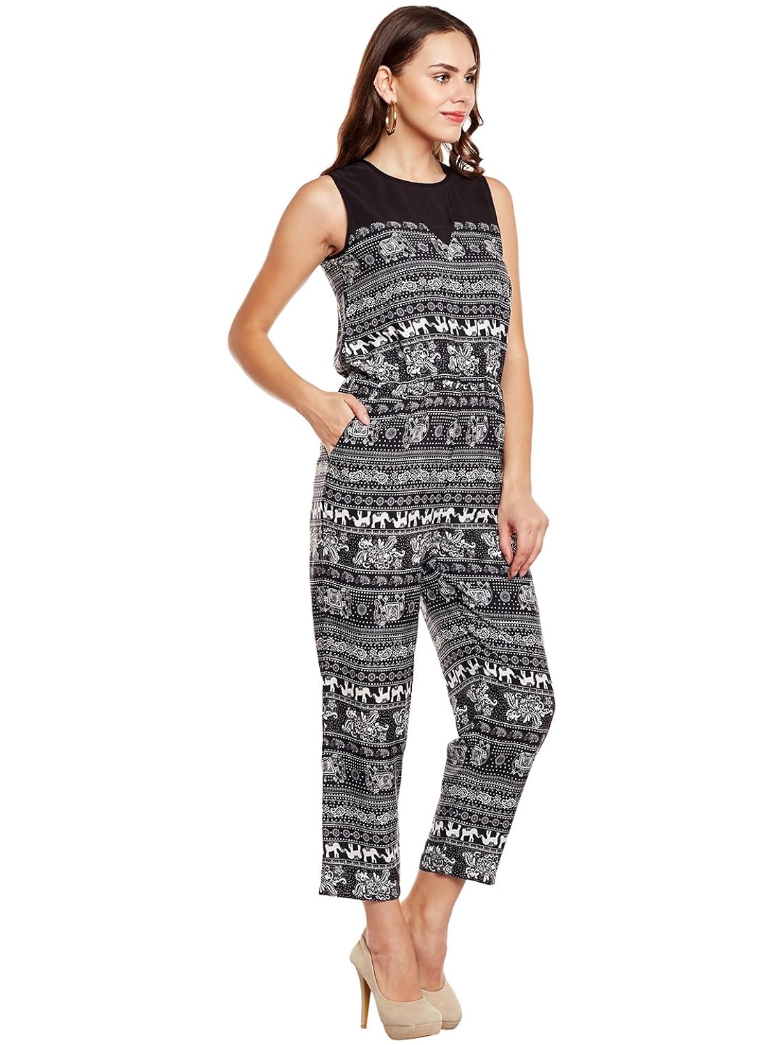 eyelet black printed poly crepe women's jumpsuit