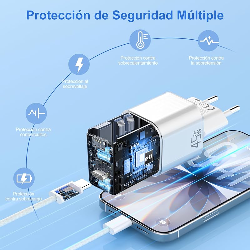 Carregador de Carregamento Rápido USB C 45W:GAN PD3.0 Ficha Móvel USB C Tipo C Compacto de Carregamento Rápido para Smartphones e Tablets com Cabo Tipo C para C de 60W