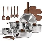 CAROTE 19pcs Stainless Steel Cookware Set with Detachable Handle, Pots and Pans Set, Induction Kitchen Cooking Sets, RV/Camping Cookware, Removable Handle, Oven Safe, Woodgrain