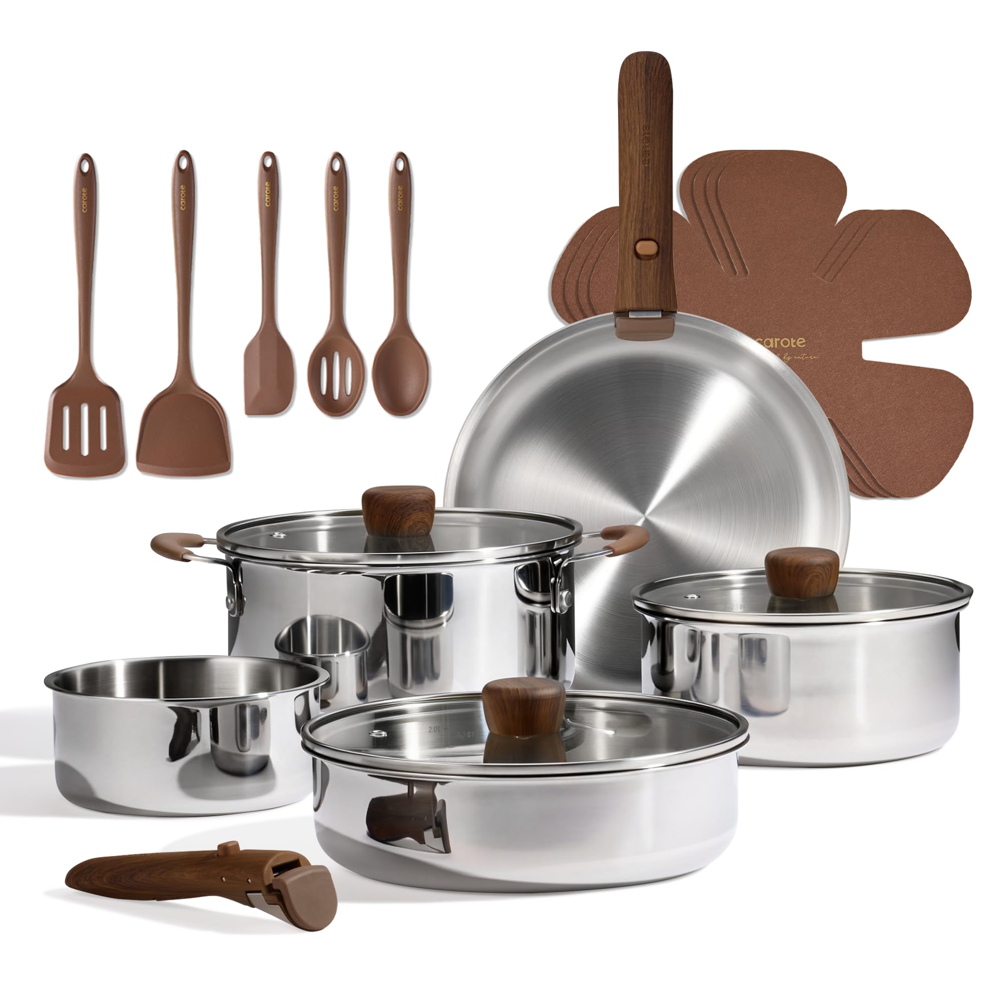 CAROTE 19pcs Stainless Steel Cookware Set with Detachable Handle, Pots and Pans Set, Induction Kitchen Cooking Sets, RV/Camping Cookware, Removable Handle, Oven Safe, Woodgrain Image