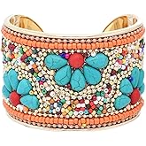 Bohemian Turquoise Stone Bracelets for Women Stackable Multilayer Beaded Bracelet Handmade Wide Cuff Bangle Trendy Boho Jewelry for Best Friends Dainty Hippie Charm Bracelet