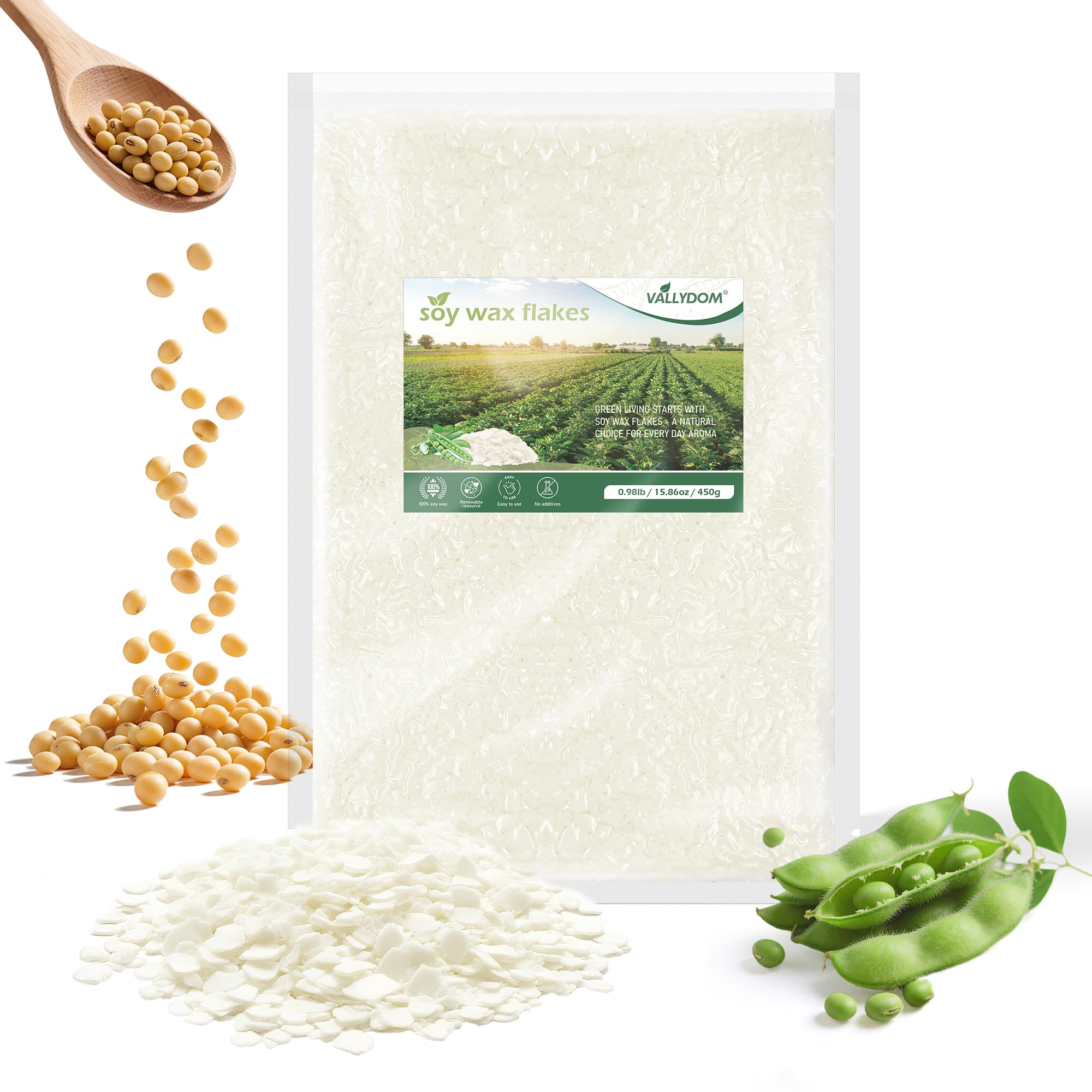VALLDOM 450g Soy Wax for Candle Making: Premium Pure Soy Wax Flakes, Organic, No Additives, Long Burn Time, Perfect for Scented Candles, Tealights, Craft Candles, and More - Ideal for Candle Makers